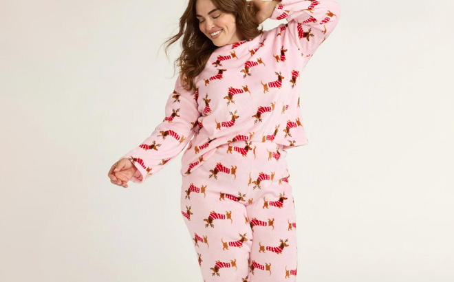 Joyspun Womens and Womens Plus Super Minky Fleece Long Sleeve Top with Pajama Pants in Pink Sail Color