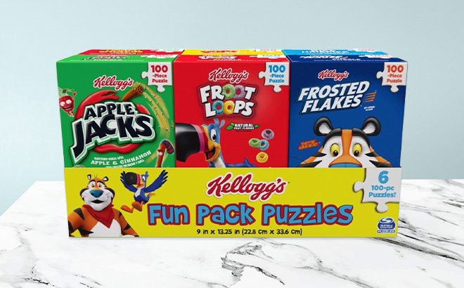 Kelloggs Cereal Puzzles 6 Pack on the Table