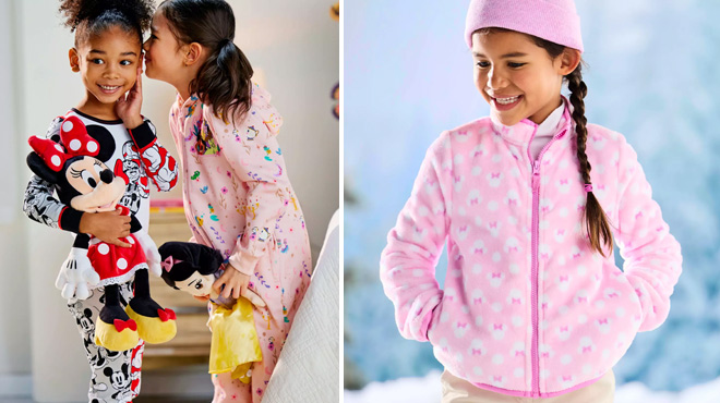 Kids Wearing Mickey and Minnie Pajamas and Zip Fleece Jacket