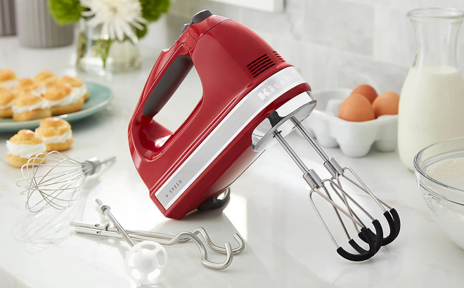 KitchenAid 9 Speed Digital Hand Mixer on a Kitchen Countertop