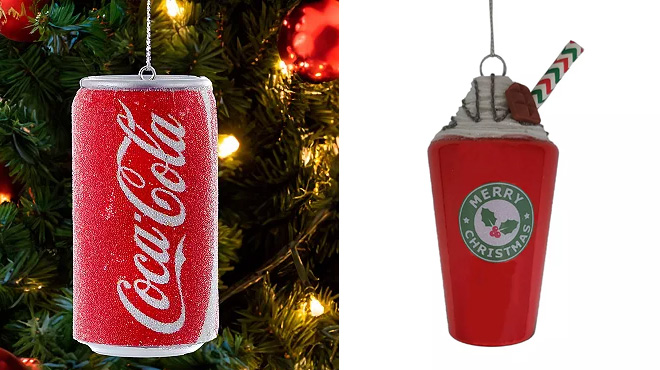 Kurt Adler Coca Cola Can Christmas Ornament and St Nicholas Square Glass Holiday Drink Christmas Ornament