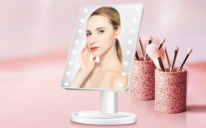 Lighted Vanity Makeup Mirror on the Pink Table