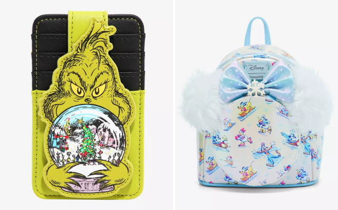 Loungefly How The Grinch Stole Christmas Cardholder and Mickey Mouse And Friends Winter Wonderland Mini Backpack