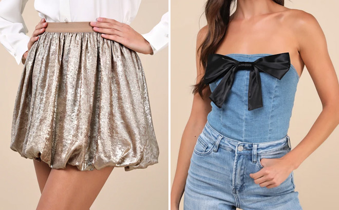 Lulus Envied Appeal Shiny Gold Bubble Hem Mini Skirt and Crop Top