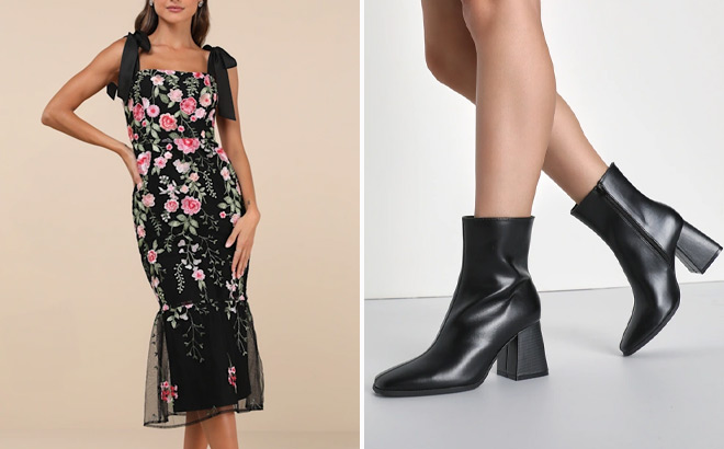 Lulus Stunning Inclination Black Embroidered Midi Dress and Boots