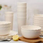 Mainstays 30 Piece Plastic Scalloped Dinnerware Bundle Set in Cream Color