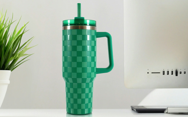 Mainstays 40 Ounce Stainless Steel Tumbler with Straw in Green Checkered