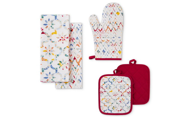 Mainstays 5 Piece Kitchen Towel Oven Mitt and Potholder Set