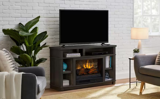 Maynard 48 in Freestanding Electric Fireplace TV Stand in Cappuccino with Ash Grain