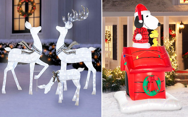 Members Mark Pre Lit Animated Iced Deer Family and Peanuts PreLit Inflatable Snoopy On Doghouse