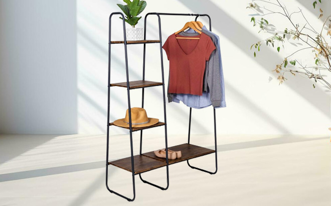 Metal Clothing Rack with Wood Shelves