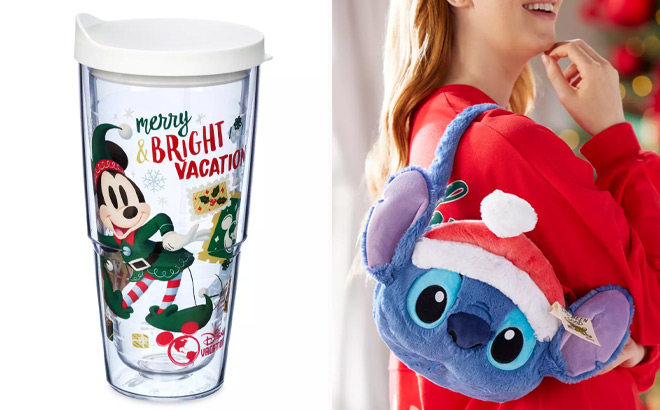 Mickey Mouse Holiday Disney Vacation Club Tumbler and Disney Stitch Santa Plush Bag