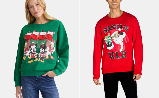 Mickey Mouse and Friends Holiday Light Up Graphic Sweatshirt and Holiday Time Mens Big Mens Christmas Santa VIP Lightup Crewneck Fleece Sweatshirt