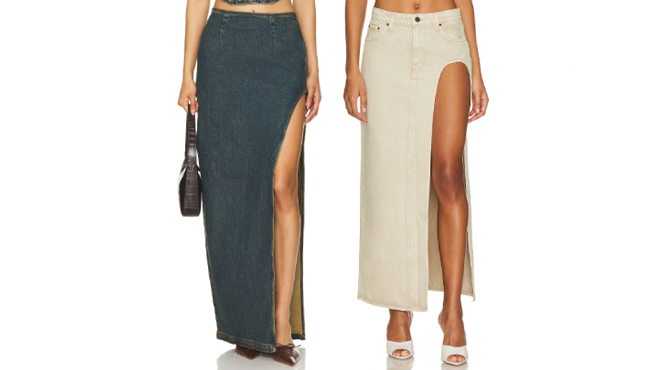 Models Wearing Long Denim Skirts with Slit