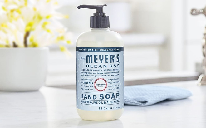 Mrs Meyers Hand Soap Snowdrop Scent on a Table