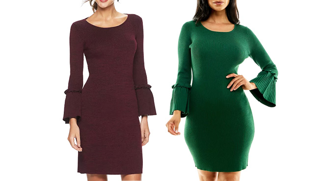 Nina Leonard Bell Sleeve Ribbed Sweater Dress