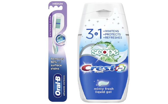 Oral B Advanced Whitening Toothbrush Medium and Crest Complete Plus Scope 3 In 1 Whitening Liquid Gel Toothpaste