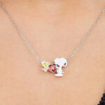 Peanuts Snoopy Woodstock Sterling Silver Plated Heart Necklace on a Neck