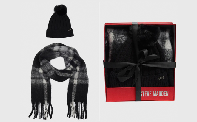 Plaid Scarf Pompom Beanie Set Steve Madden