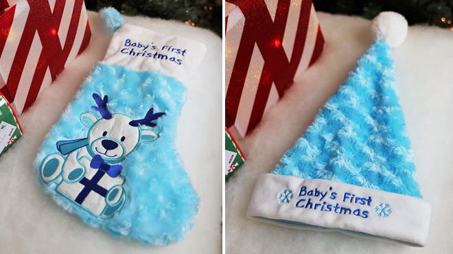 Plushible Babys First Christmas Stockings Santa Hat Set in Blue