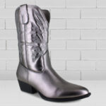 Portland Boot Company Olympia Western Boot in Gunmetal Metallic Color on the Table