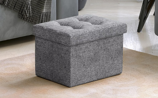 Small Foldable Tufted Linen Storage Ottoman