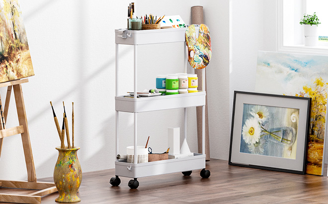 Spacekeeper 3 Tier Slim Rolling Storage Cart in the Room