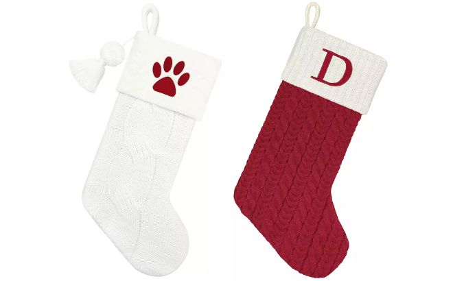 St Nicholas Square Faux Fur Knit Monogram Christmas Stocking and Red Cable Knit Monogram Christmas Stocking