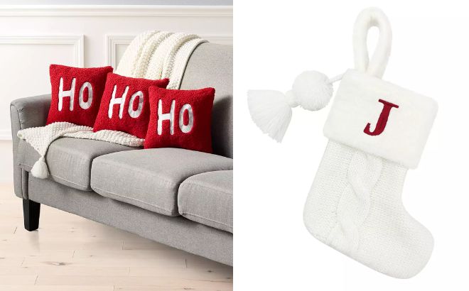 St Nicholas Square Ho Ho Ho Throw Pillow 3 piece Set and Faux Fur Knit Mini Christmas Stocking