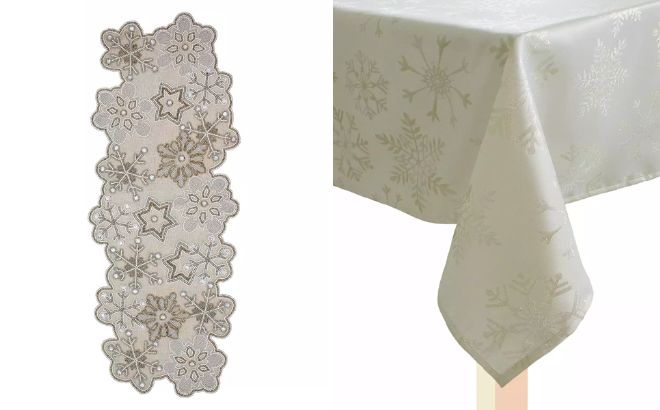 St Nicholas Square Snowflake Beaded On Burlap Holiday Table Runner and Snowflake Shimmer Jacquard Tablecloth