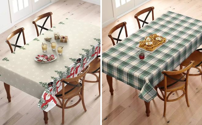 St Nicholas Square Yuletide Snowman Border Tablecloth and Christmas Tree Dobby Plaid Tablecloth