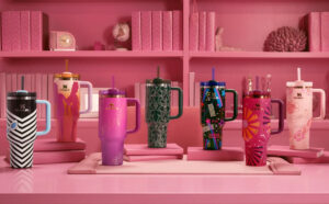 Stanley x Barbie 40 Ounce Quencher Tumblers on a Table