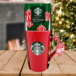 Starbucks 16oz Red Holiday Tall Mug with 2 Classic Cocoa on a Christmas Table