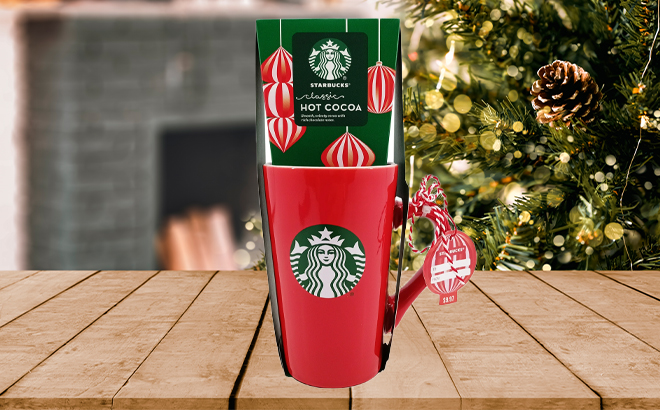 Starbucks 16oz Red Holiday Tall Mug with 2 Classic Cocoa on a Christmas Table