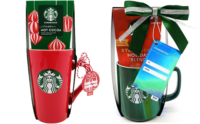 Starbucks 16oz Red Holiday Tall Mug with Cocoa Set and Starbucks 15oz Green Holiday Mug with Holiday Blend Coffee