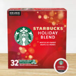 Starbucks Holiday Blend Coffee K Cups 32 Count on a Table