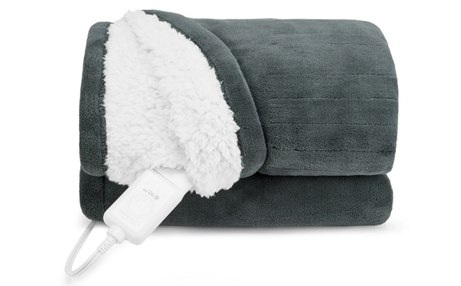 Sunbeam Throw Slate Microplush SherpaFaux Shearling 4 Heat Settings Electric Heated Blanket