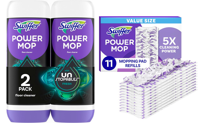 Swiffer PowerMop Floor Cleaning Solution with Unstopables Fresh Scent and Swiffer PowerMop Multi Surface Mopping Pad Refills