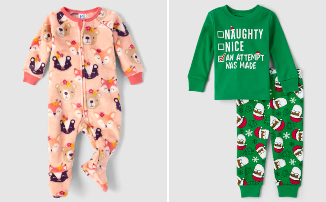 The Childrens Place Baby And Toddler Girls Animal One Piece and Glow Nice List Pajamas