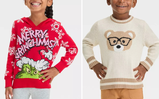 The Grinch Toddler Girls Christmas and Cat Jack Toddler Boys Bear Sweaters