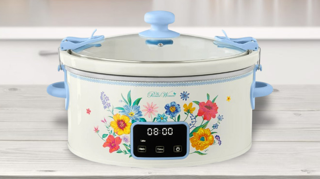 The Pioneer Woman 6 Quart Digital Slow Cooker with Locking Lid on Countertop