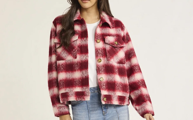 Time and Tru Womens Cropped Plaid Button Down Shacket