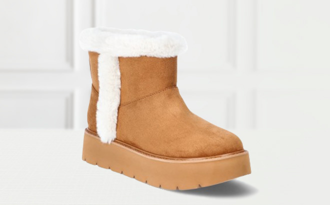 Time and Tru Womens Platform Mini Cozy Boots on the Table