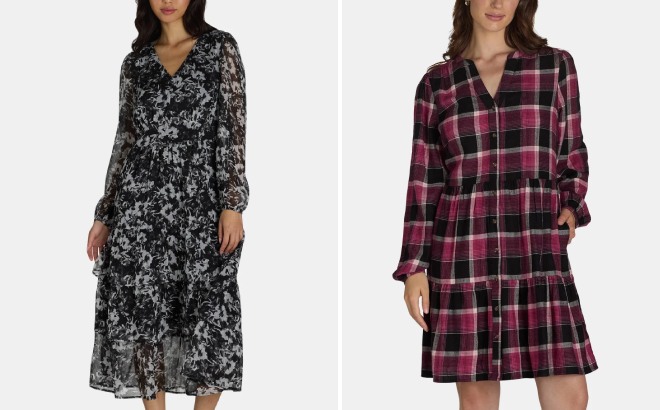 Time and Tru Womens Print Dress with Long Sleeves and Tiered Plaid Shirt Dress