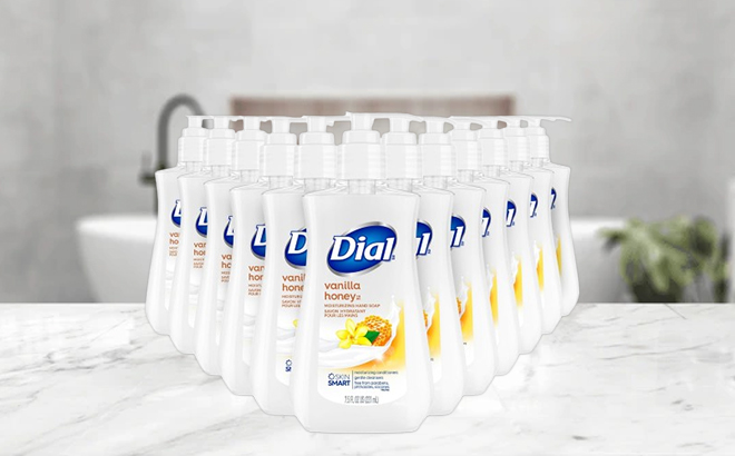 Twelve Bottles of Dial Liquid Hand Soap on a Table