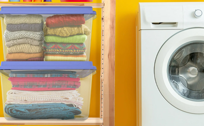 Two Storage Bins next to a Washing Machine