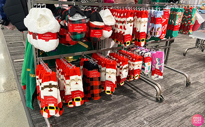 Various Holiday Socks Styles on a Hanger at Target