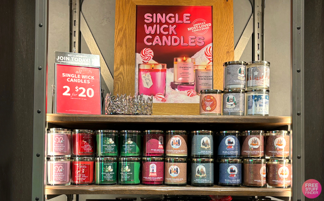 Various Scents of Bath & Body Works Single Wick Candles on a Shelf