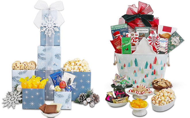 Winter Decadence Holiday Tower and Winter Holiday Trees Gift Basket