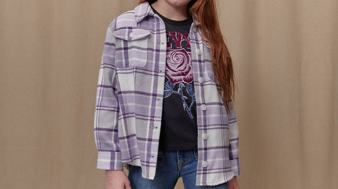 A Girl Wearing Levi's Oversized Plaid Shacket 